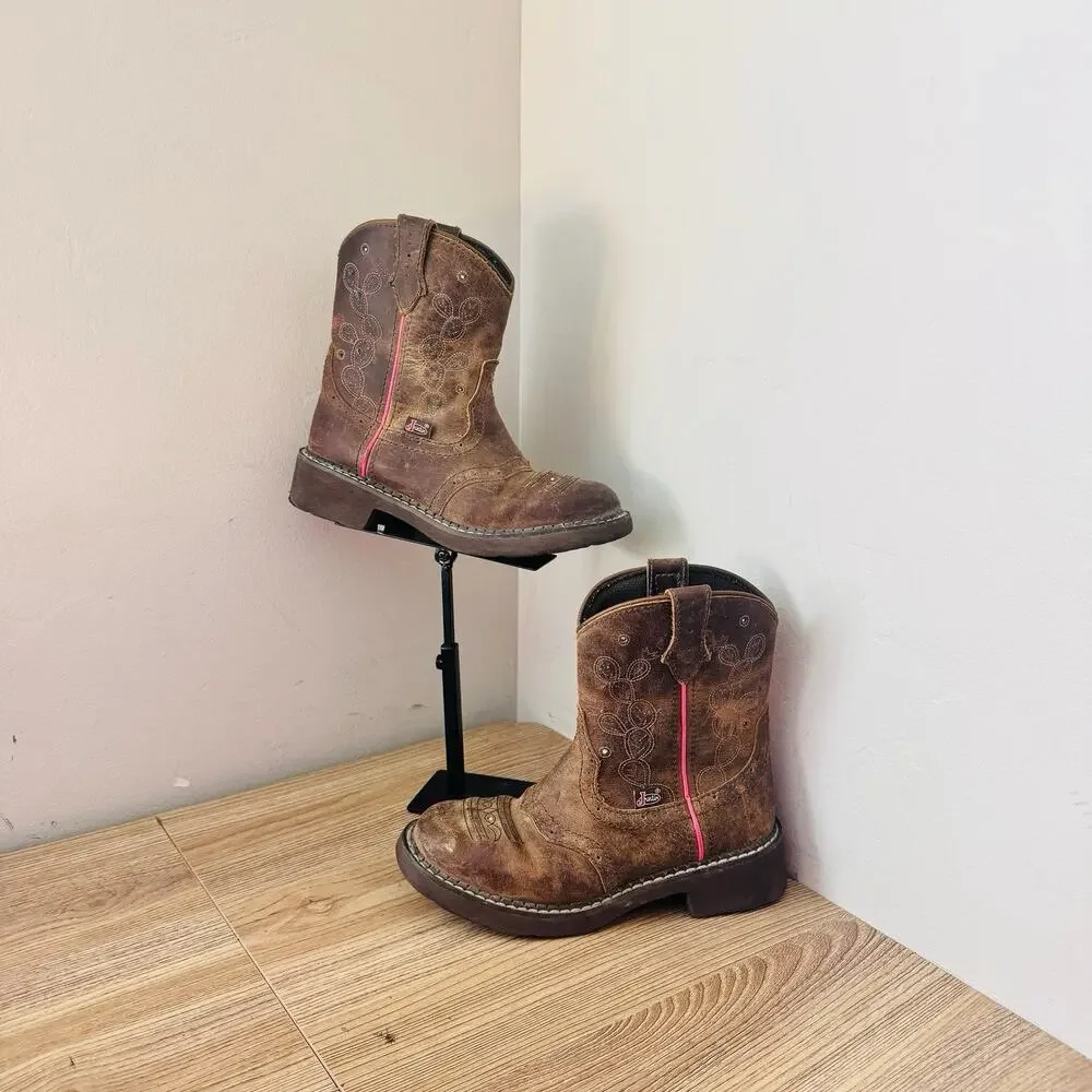Justin Glitzi Light Up Round Toe Brown Leather Western Boots Girls Size 1